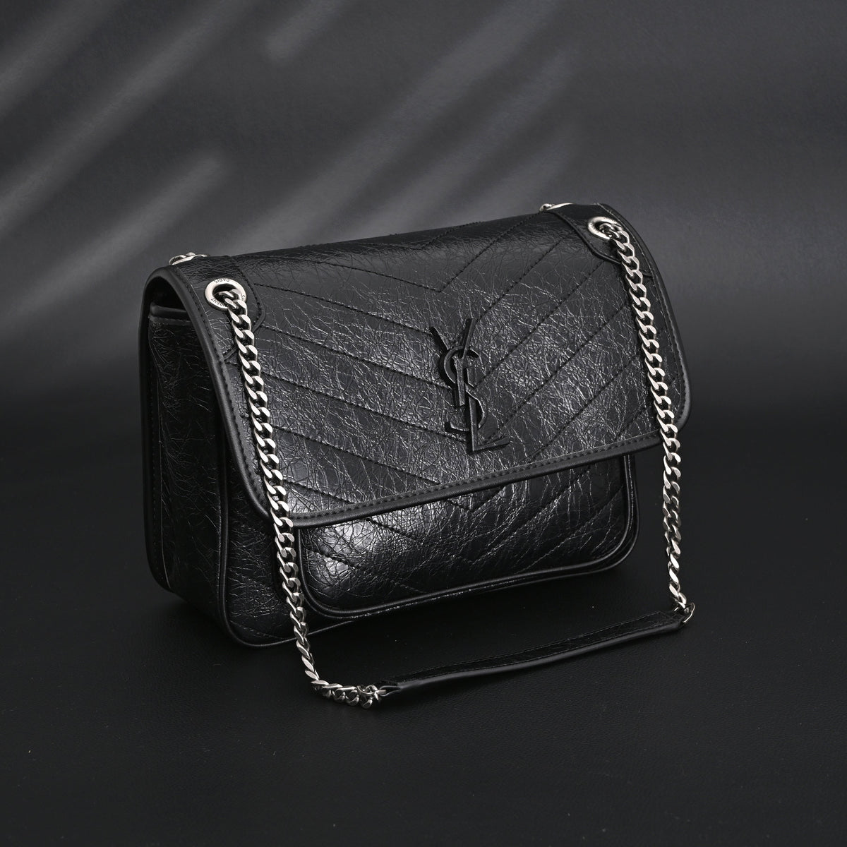Saint Laurent Niki Medium Black Crinkled Leather Shoulder Bag