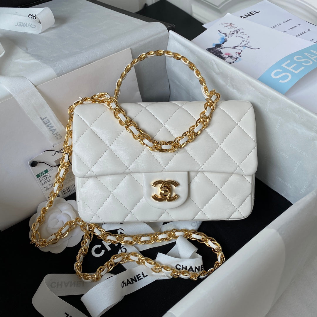 Chanel Flap Bag Gold Top Handle White