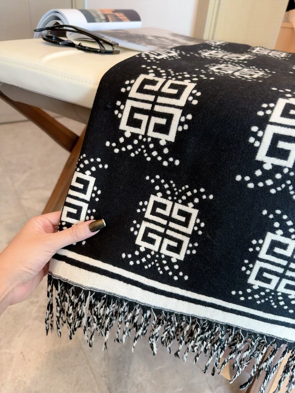 Givenchy Geometric Monogram Fringe Scarf — detail