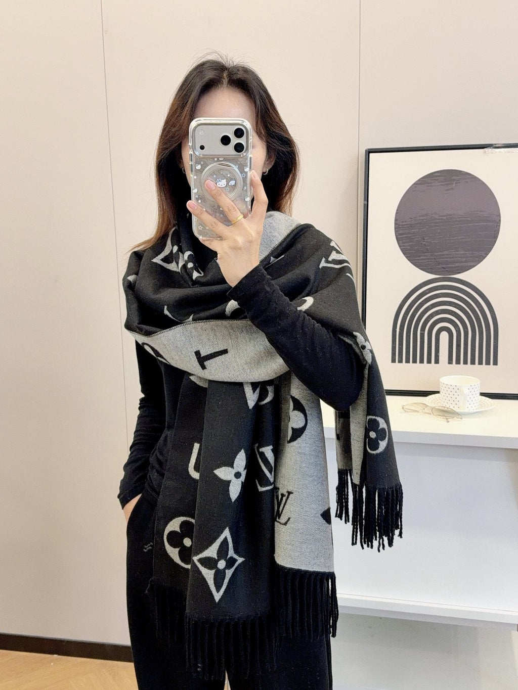 Louis Vuitton Black & Gray Patterned Scarf — model