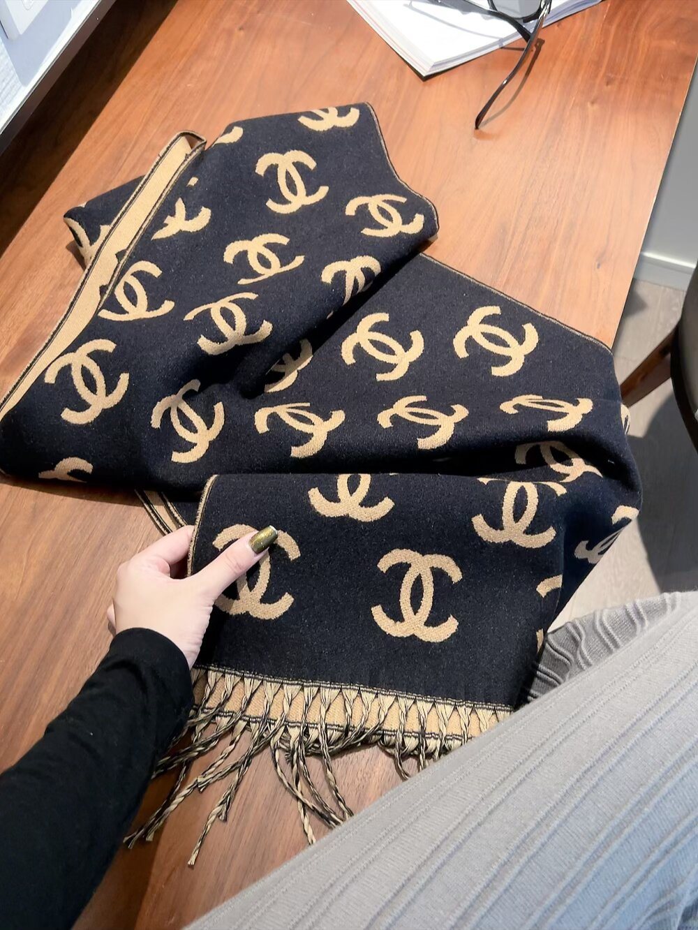 Chanel Two-Tone Fringed Scarf — front