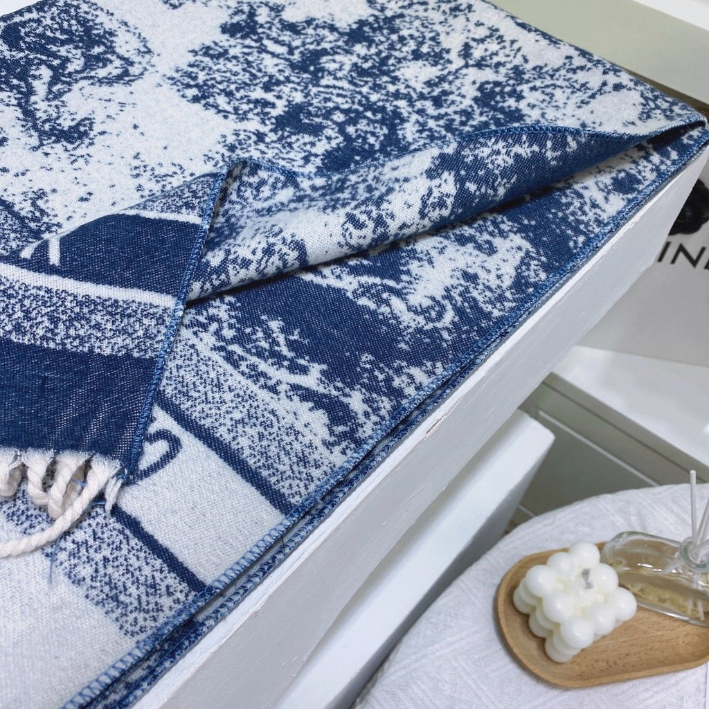 Dior Blue & White Toile Fringed Scarf — detail