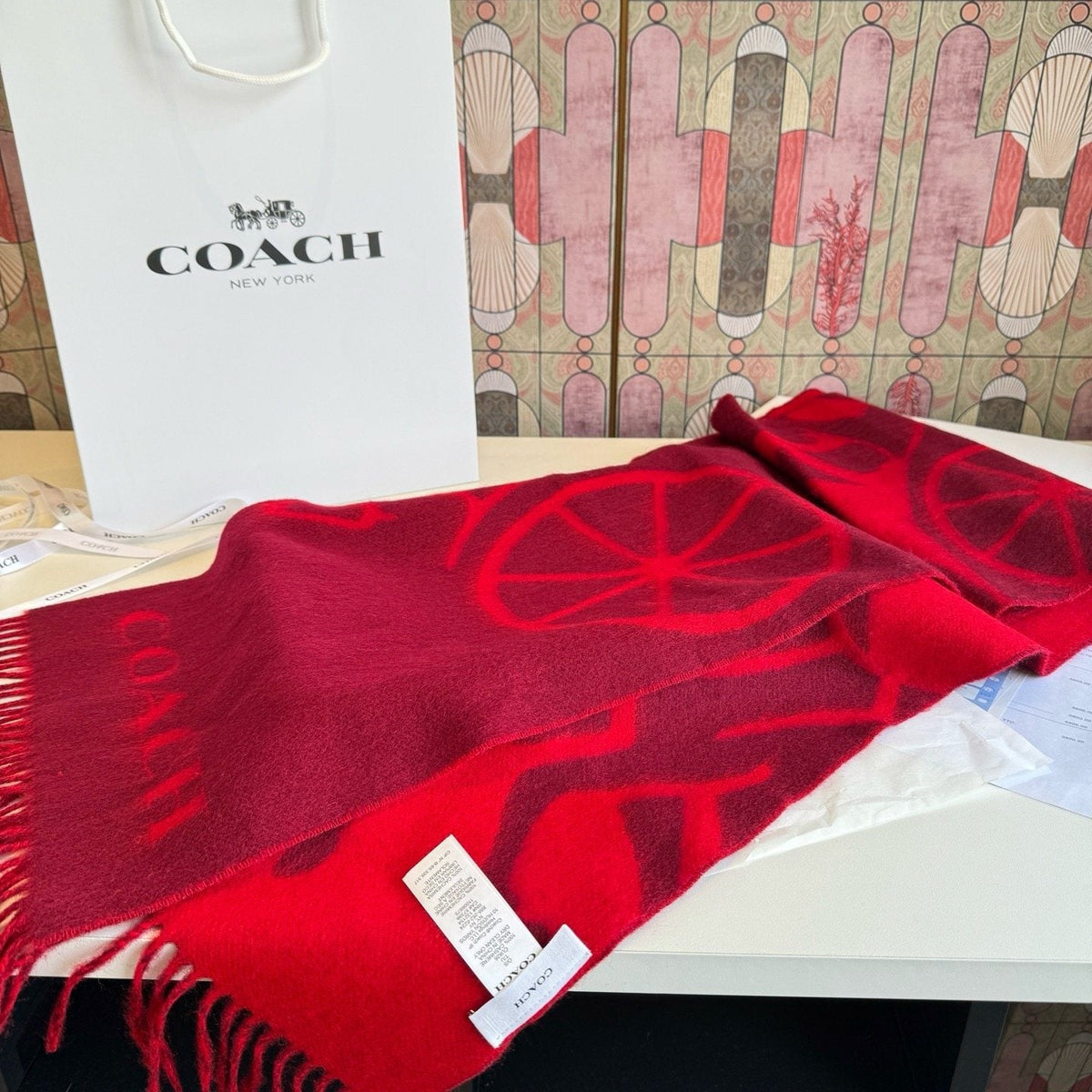 Coach Reversible Fringed Logo Scarf — detail