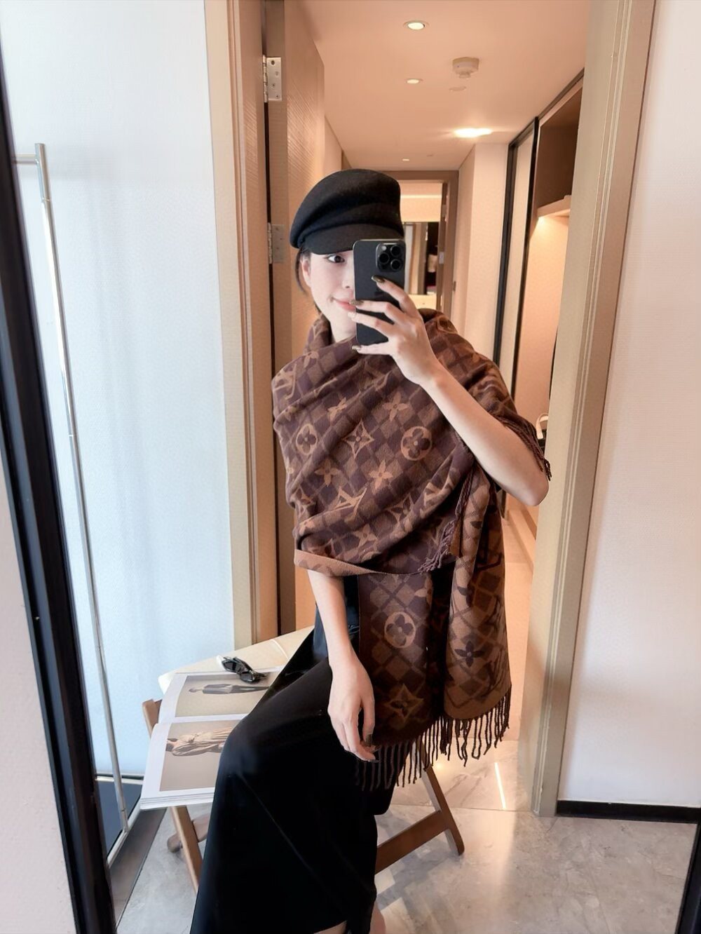 Louis Vuitton Dark Brown Fringed Patterned Scarf — model