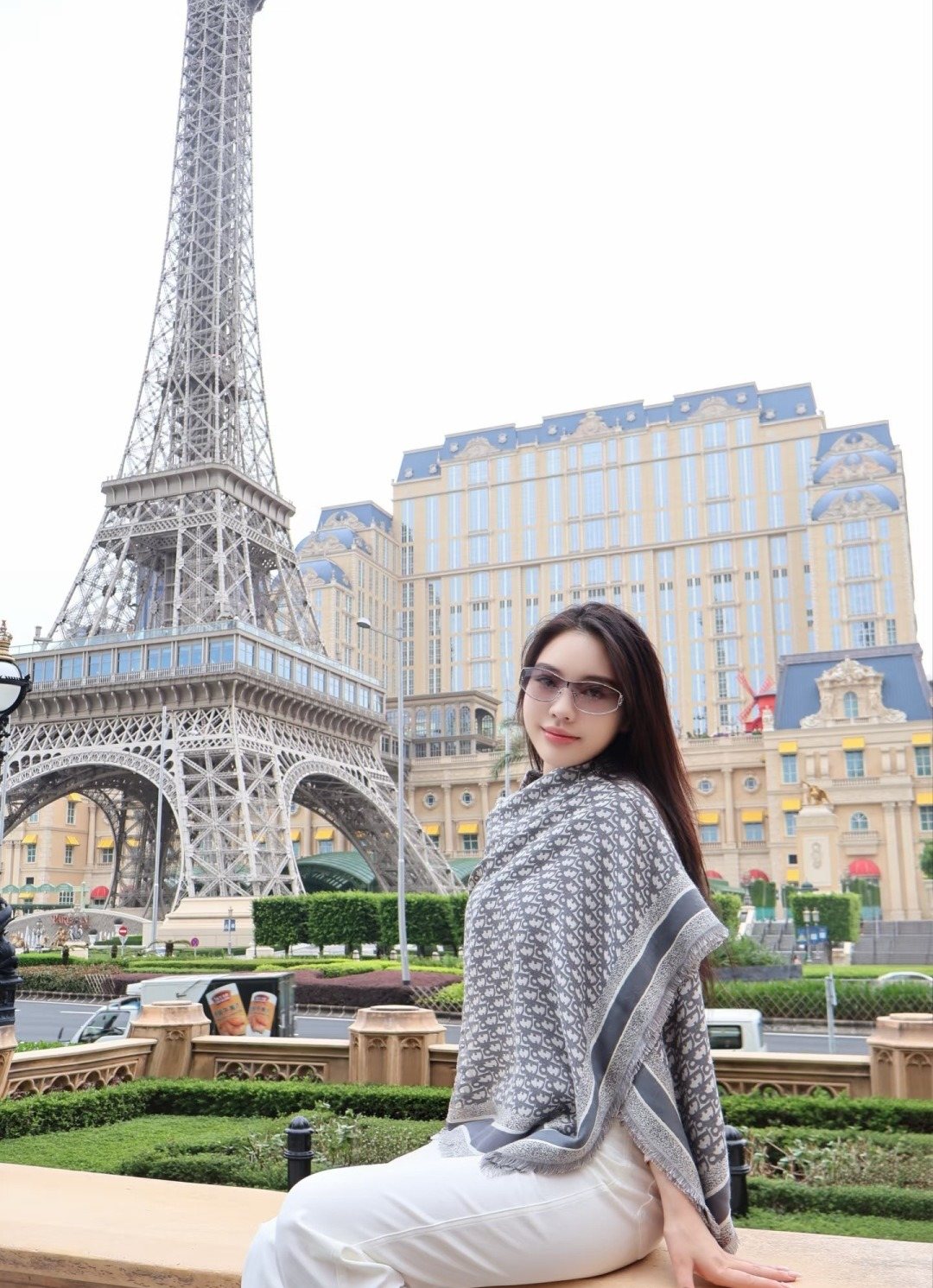 Dior Fringed Monogram Shawl Scarf — model